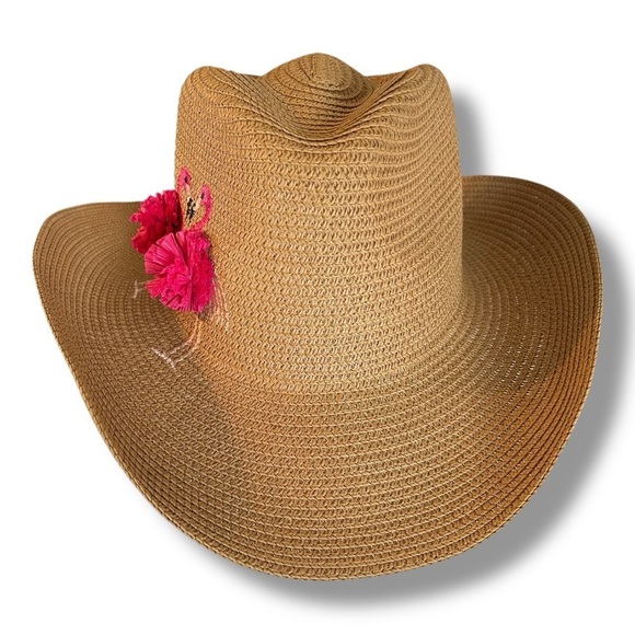 Straw Hat with Pink Flamingos with Pom Poms, Super Cute, NEW - Picture 2 of 5